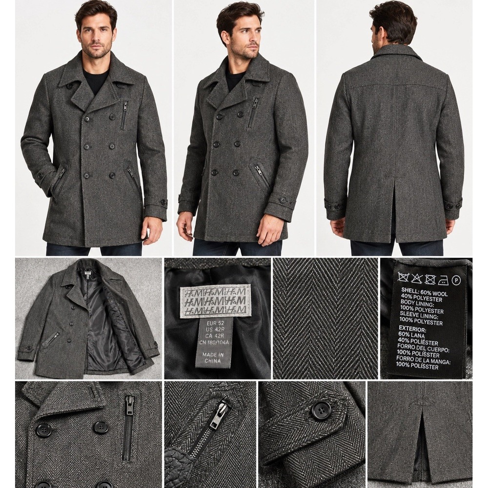 H&M Mens 42R Wool Blend Herringbone Double Breasted Peacoat Overcoat Gray